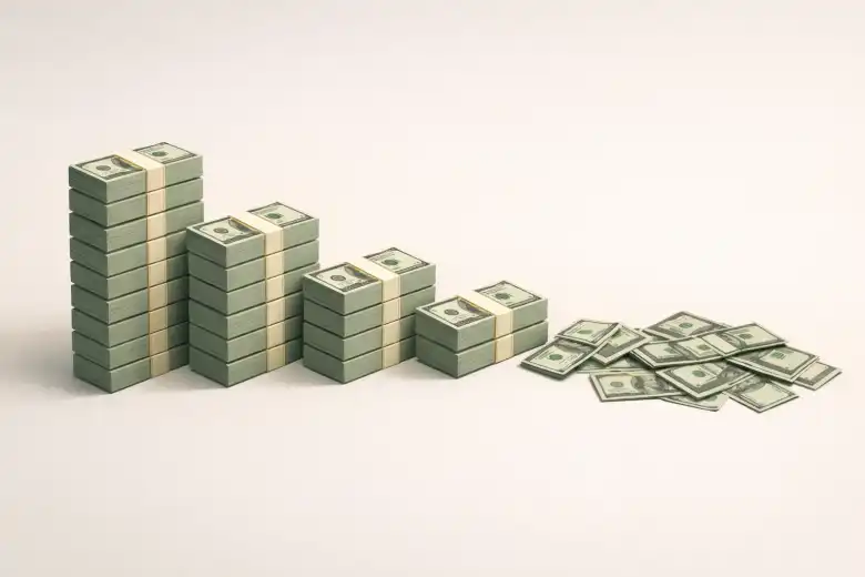 Des piles d'argent disposées en hauteur croissante à côté de billets d'un dollar éparpillés sur une surface plane. Pas de New York autonome 