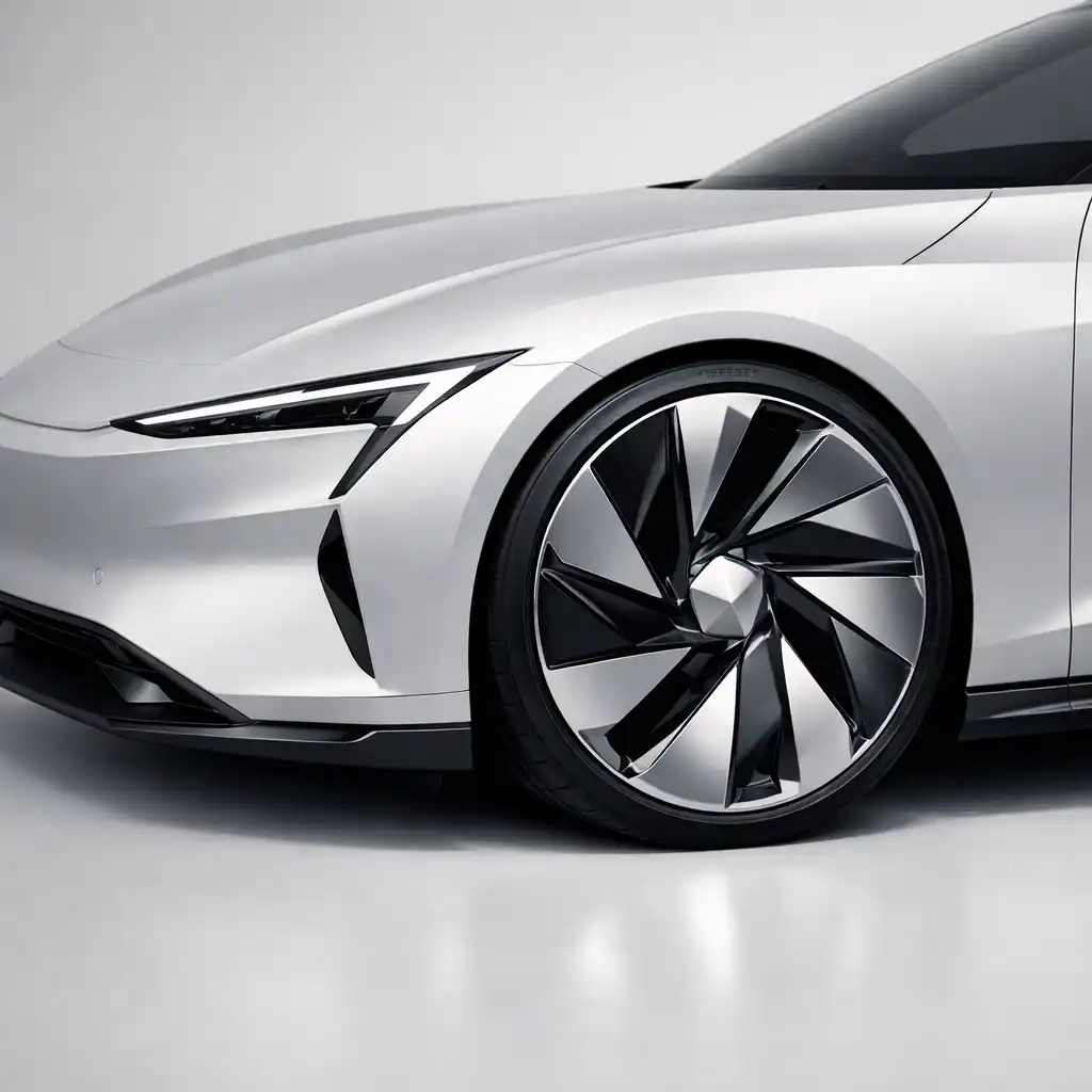 Gros plan du côté avant gauche d'une élégante voiture futuriste argentée montrant un phare aérodynamique et un design unique de jantes en alliage de l'EV Acura pour le guide de l'acheteur
