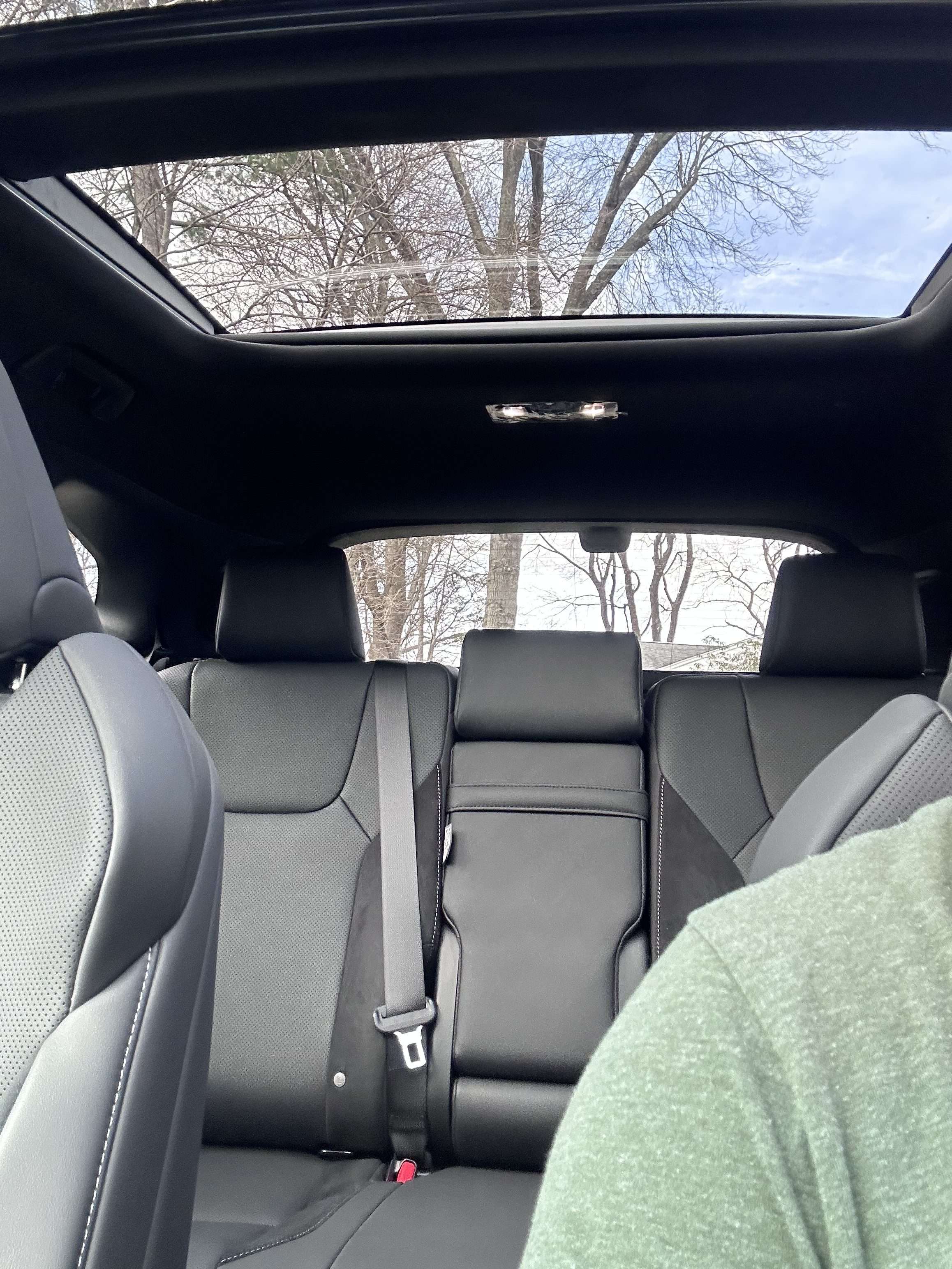Vue des sièges passagers arrière et du toit ouvrant à l'intérieur d'une voiture montrant des arbres sans feuilles à l'extérieur