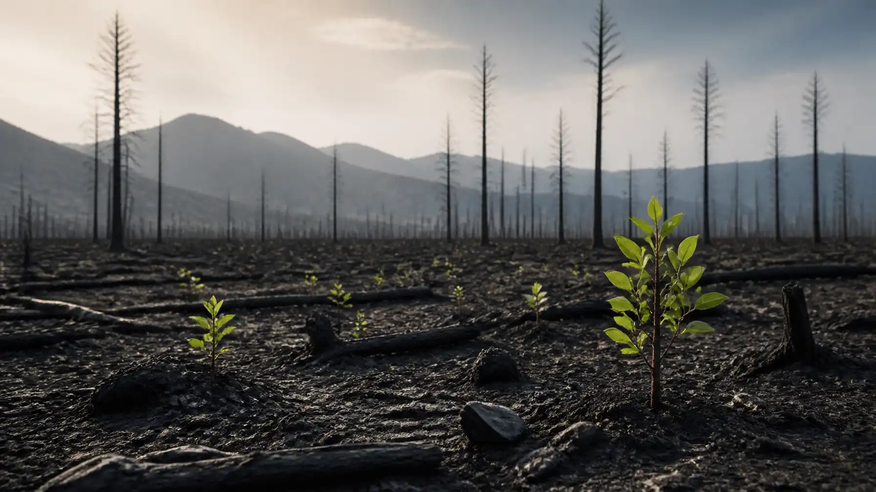 Petites plantes vertes poussant dans une forêt brûlée avec des arbres calcinés et des montagnes en arrière-plan