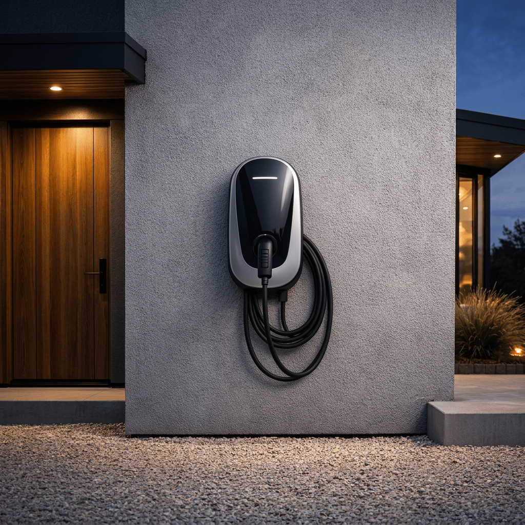 Borne de recharge pour véhicule électrique montée sur un mur extérieur gris à côté d'une porte en bois au crépuscule concernant le guide d'achat de VE