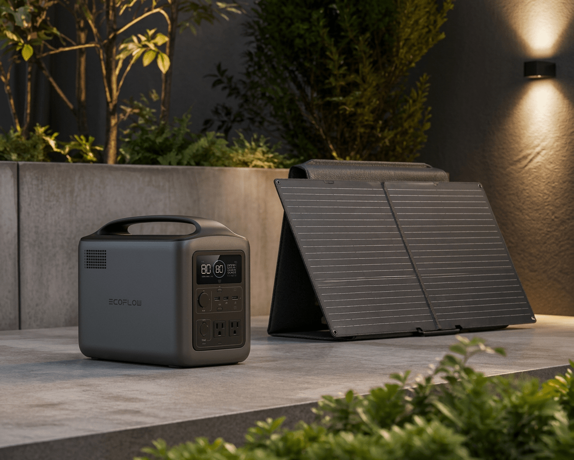 Centrale électrique portable EcoFlow à côté d'un chargeur de panneau solaire pliable enfichable sur une surface extérieure en béton la nuit