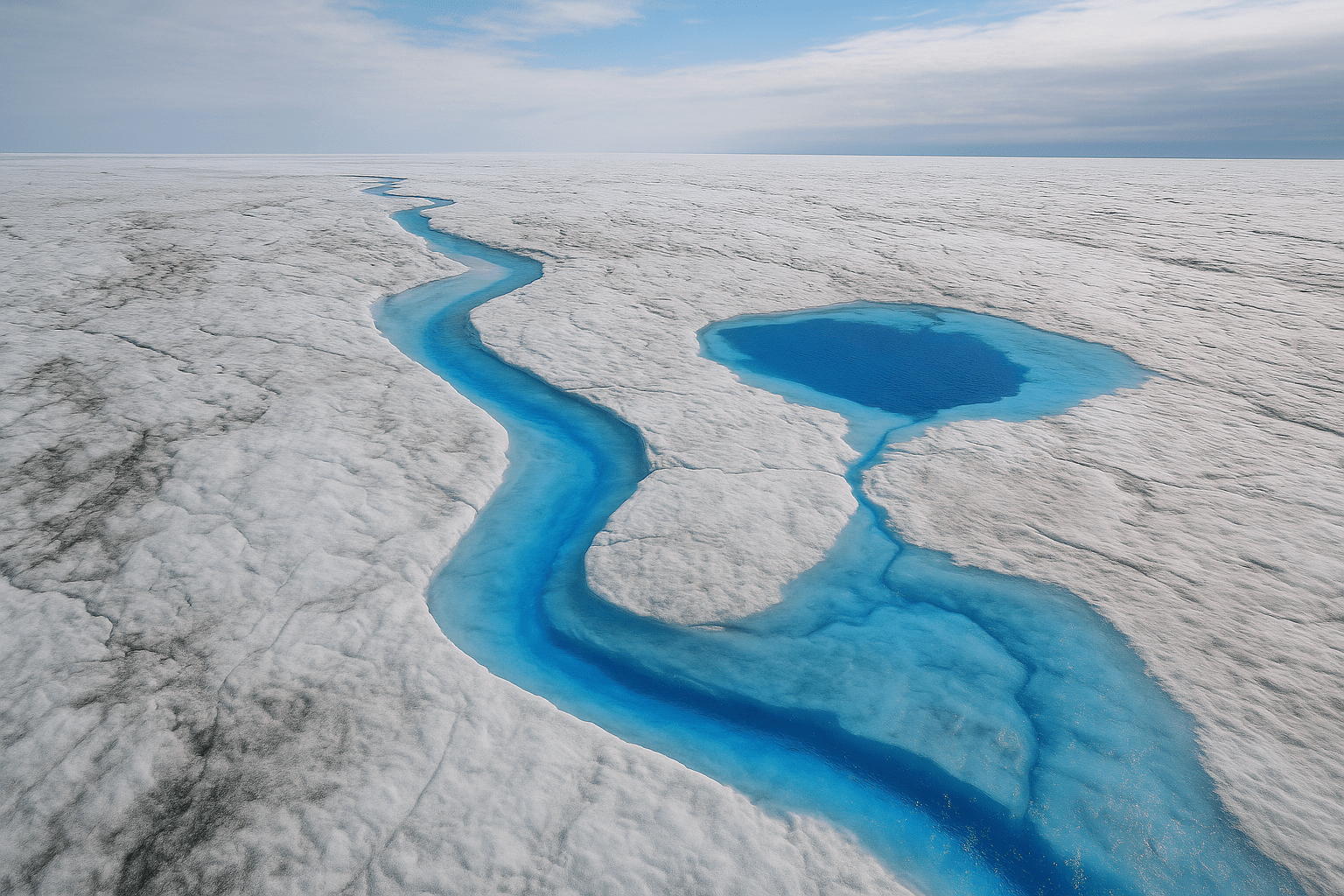 Aerial view of melting ice sheet in Greenland with bright blue meltwater river and lake.
