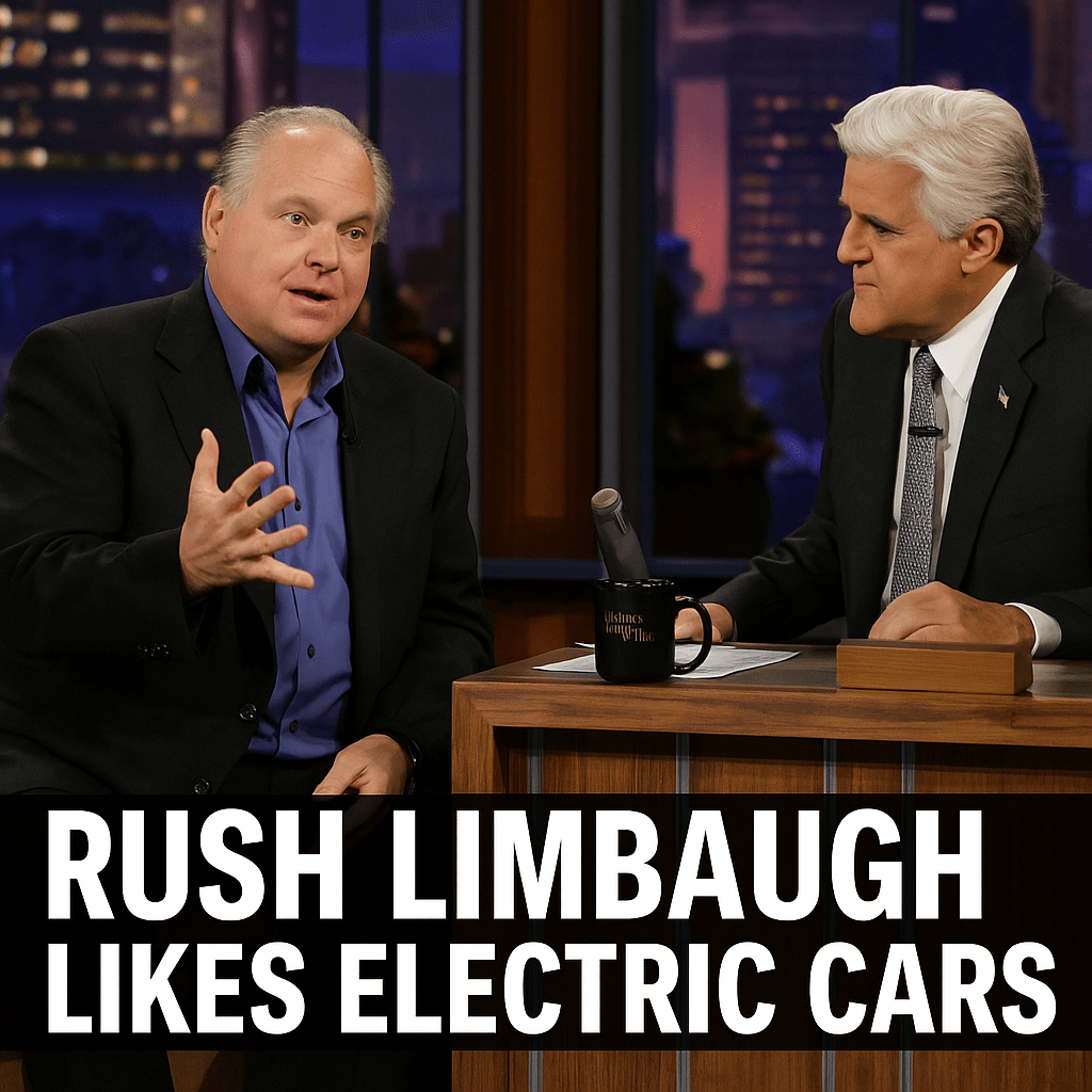 Photograph-style illustration of Rush Limbaugh speaking with Jay Leno on the set of The Tonight Show, with bold text below reading, “Rush Limbaugh Likes Electric Cars.”