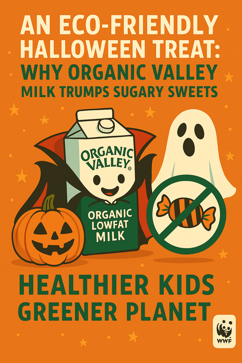 Halloween-themed poster showing a smiling Organic Valley milk carton dressed as a vampire, alongside a ghost, jack-o’-lantern, and a crossed-out candy icon with WWF logo.