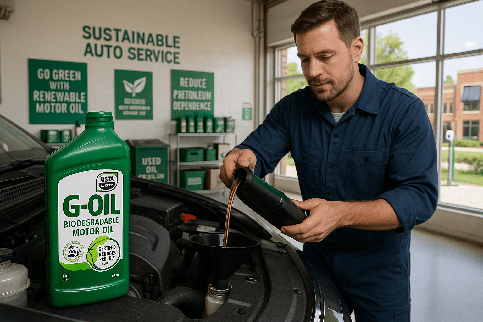 A mechanic in clean work clothes pours G-OIL biodegradable motor oil into a car engine inside a bright, professional garage with green recycling bins, sustainability posters, and a large G-OIL bottle labeled with USDA Certified Biobased Product seal.