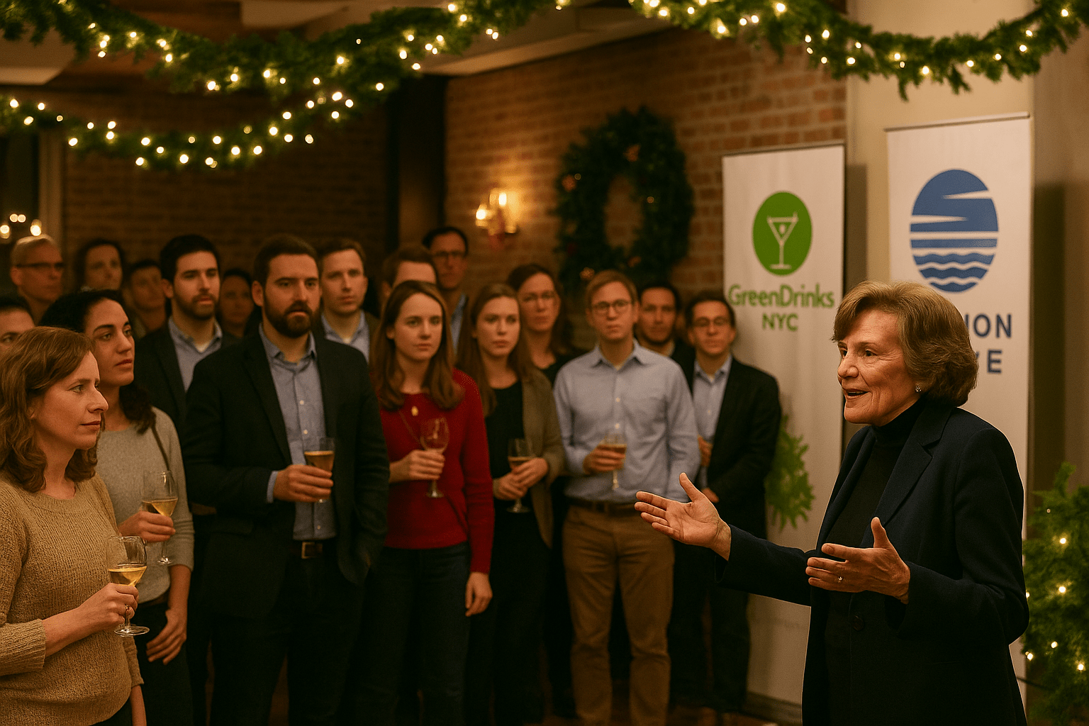 Dr. Sylvia Earle speaking at a holiday networking event with GreenDrinks NYC banners.
