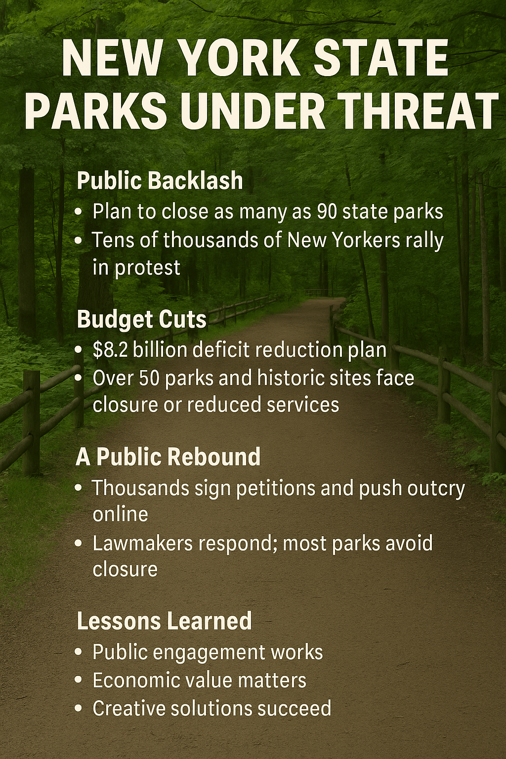 Infographic titled “New York State Parks Under Threat,” set against a wooded trail, outlining public backlash, budget cuts, public response, and lessons learned.