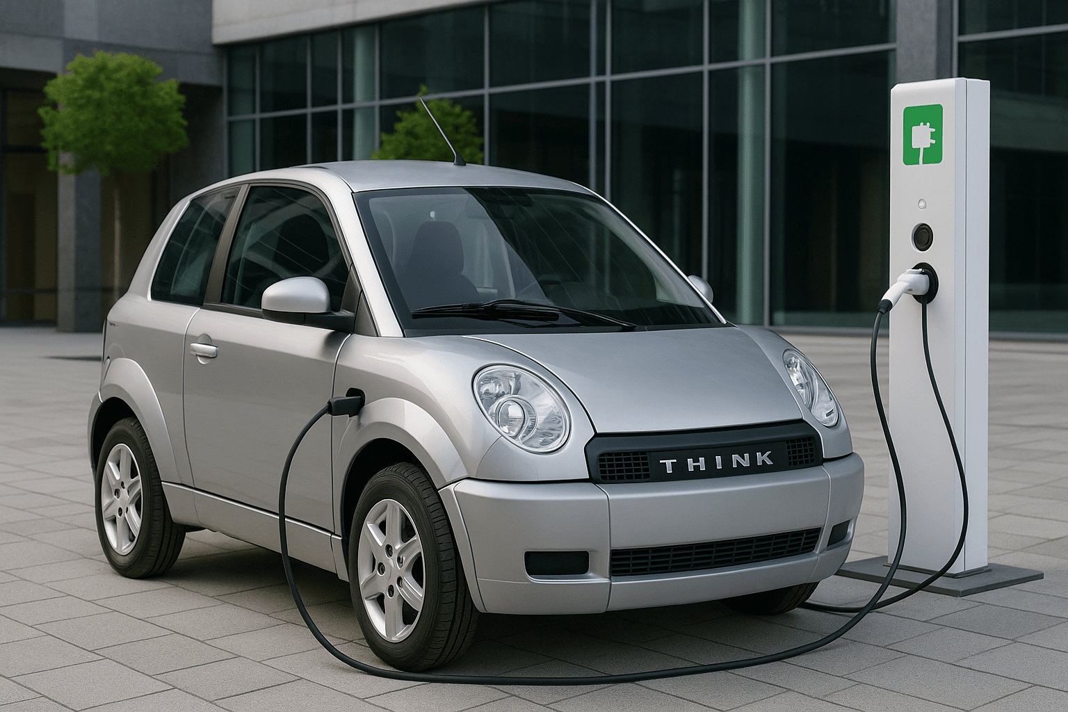 A THINK City electric vehicle plugged into a charging station beside a modern glass office building in a clean urban plaza.