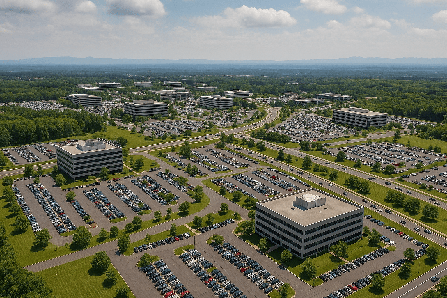 Aerial view of New York’s Tech Valley office park with large buildings, parking lots, cars, green spaces, and distant mountains.