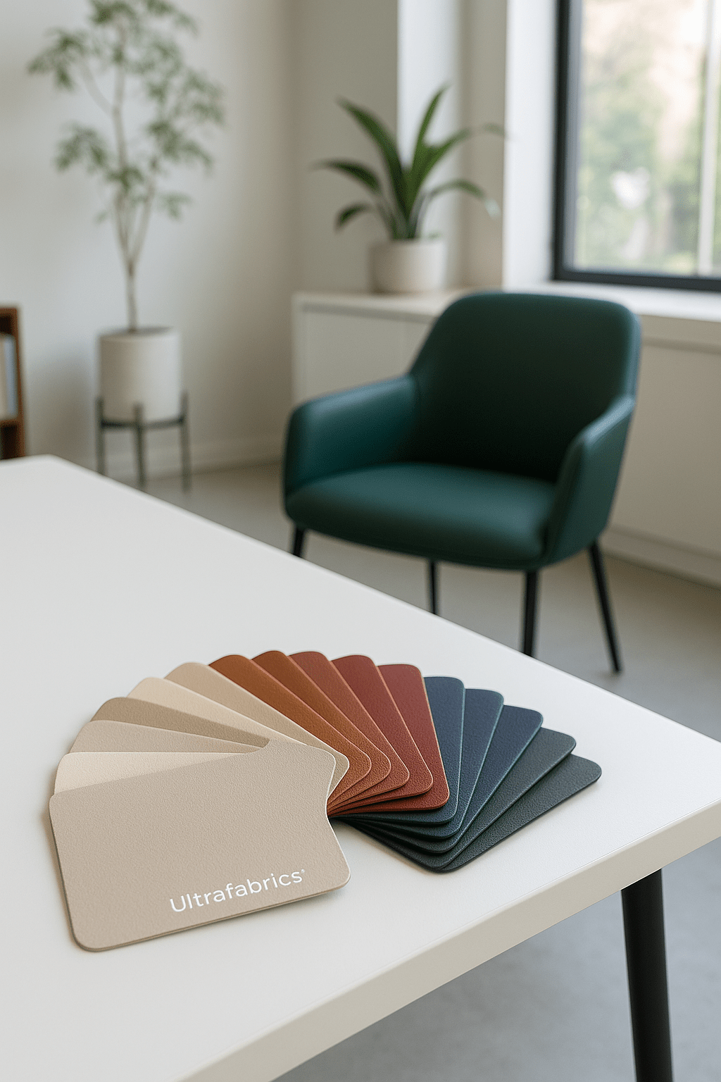 Modern design studio with Ultrafabrics swatches fanned on a white table and a green-upholstered chair in natural light.