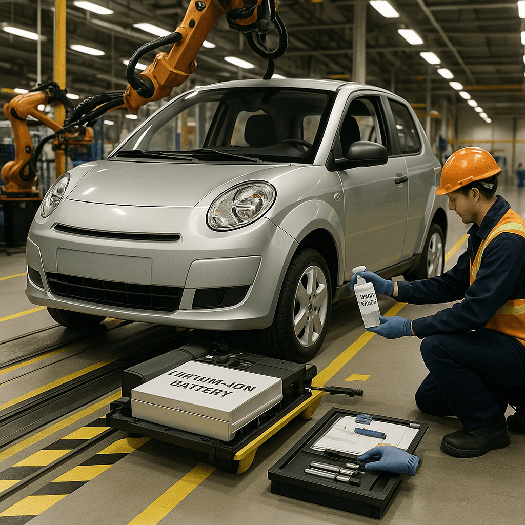 THINK CITY Electric car on a factory assembly line with workers installing lithium-ion battery packs, showcasing the start of modern EV production. TH!NK