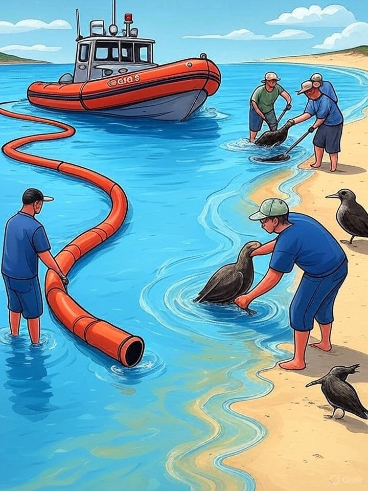 A group of people working near a beach, rescuing birds covered in oil from the water, with a rescue boat and a large orange hose visible.