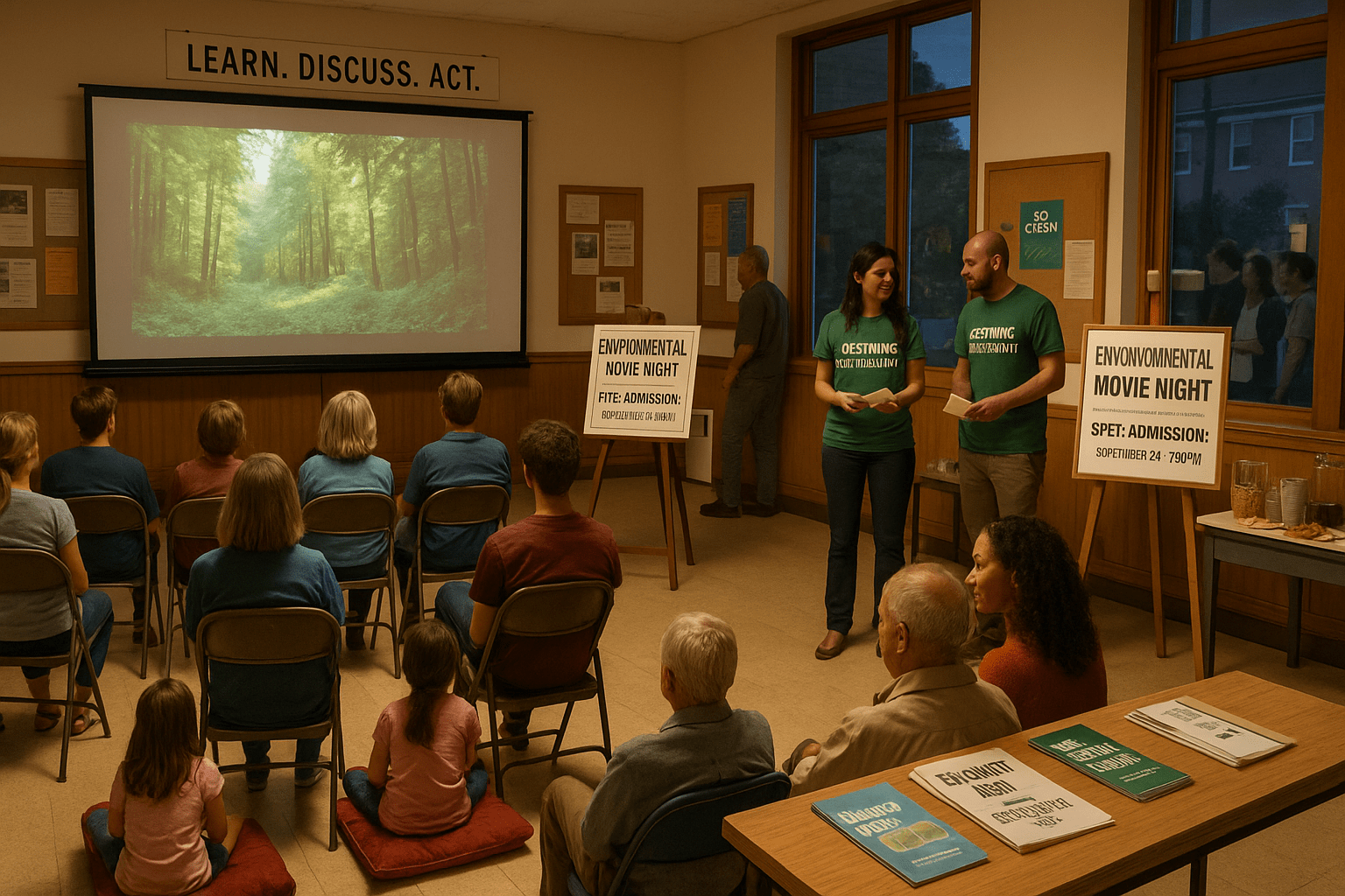 Residents of all ages watch an environmental film in a community center decorated with sustainability posters, while volunteers in “Ossining Sustainability” shirts greet attendees near a sign reading “Environmental Movie Night—Free Admission.”