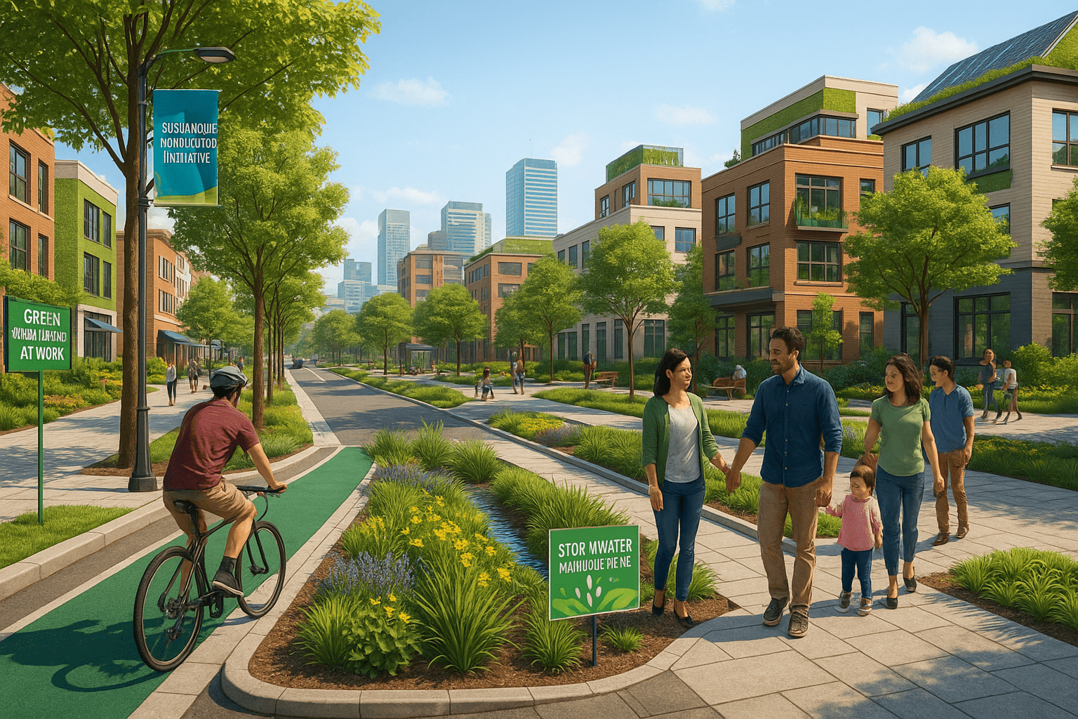 A modern urban neighborhood with tree-lined streets, rain gardens, bike lanes, and families walking along wide sidewalks, featuring green roofs, solar panels, and sustainable design elements in the background.