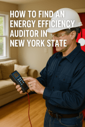 Energy efficiency auditor wearing safety gear uses a digital manometer inside a home, with a red blower door setup and text about finding auditors in New York State.