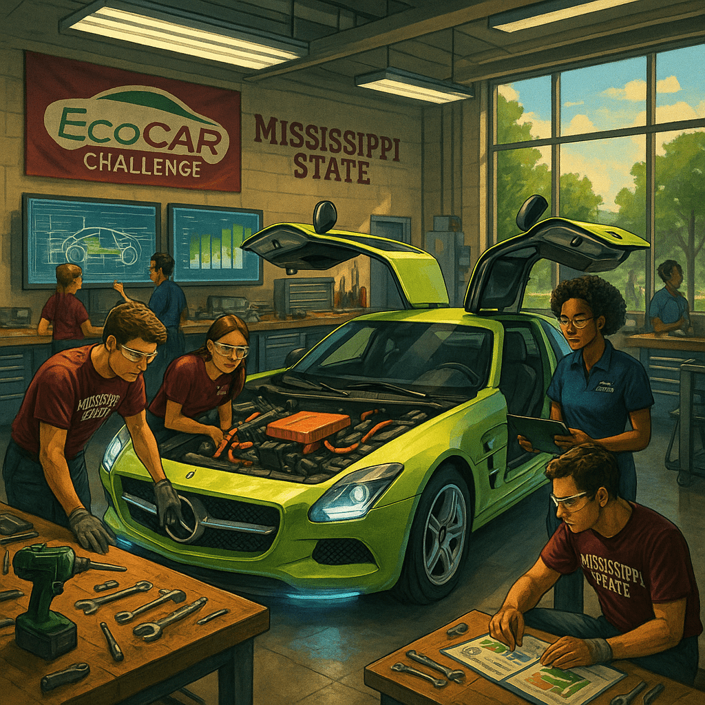 Engineering students in a bright workshop at Mississippi State University work on a hybrid-electric vehicle under EcoCAR Challenge banners. Tools, computer screens, and open gullwing doors highlight sustainable design and teamwork.