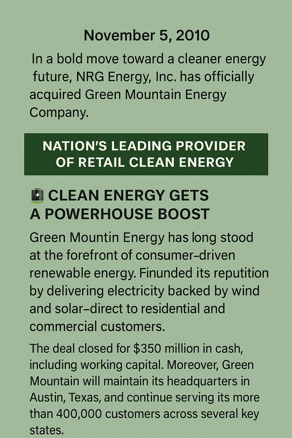Digital announcement graphic summarizing NRG Energy’s acquisition of Green Mountain Energy Company.