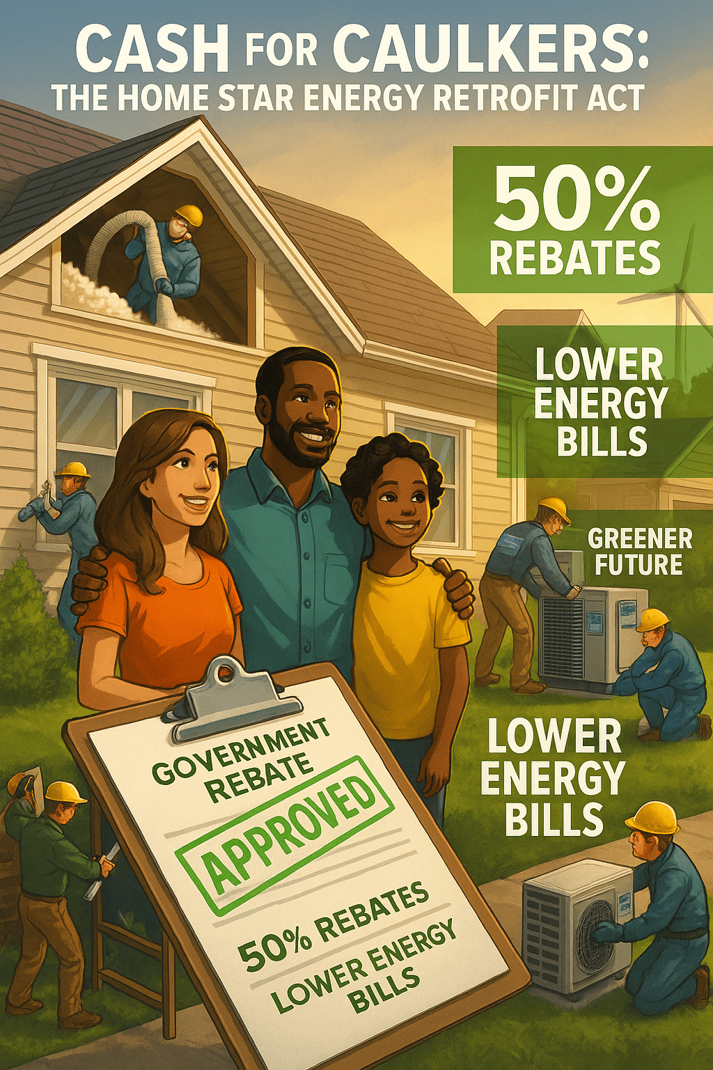 A modern family stands outside their suburban home as workers blow attic insulation, caulk windows, and install an ENERGY STAR HVAC unit. A clipboard in the foreground shows a rebate form stamped “APPROVED.” Infographic text overlays read “50 % Rebates,” “Lower Energy Bills,” and “Greener Future,” highlighting the benefits of the Home Star Energy Retrofit Act.