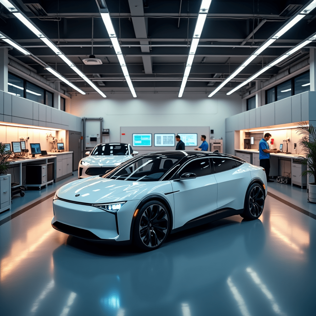 Excited engineers in a cutting-edge EV research lab working on next-gen battery tech and lightweight materials - this is where Secretary Chu's $184 million investment comes to life! The future of green transportation being built right before our eyes! #CleanEnergyRevolution