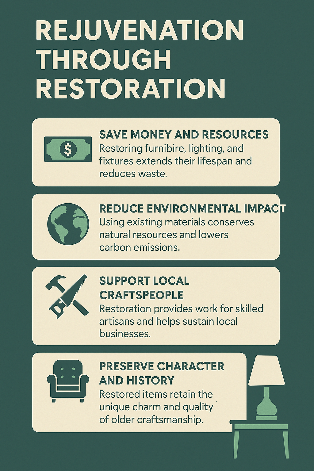 Infographic with sections explaining how restoration saves money, reduces environmental impact, supports local craftspeople, and preserves character and history.