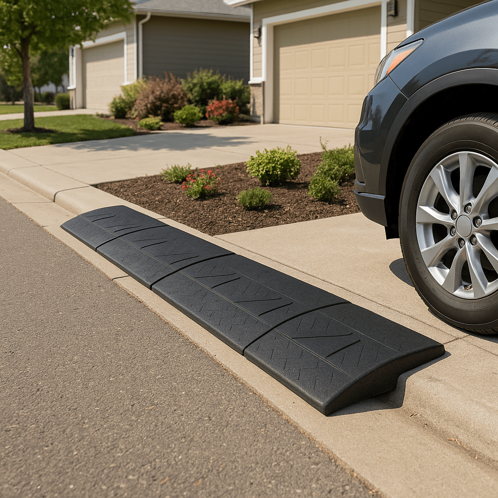 Recycled rubber curb ramp on residential driveway with car tire using smooth transition in suburban neighborhood.
