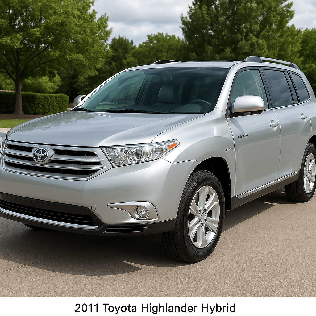 Front-side view of a silver 2011 Toyota Highlander Hybrid SUV parked in a residential driveway with trees and hedges in the background.
