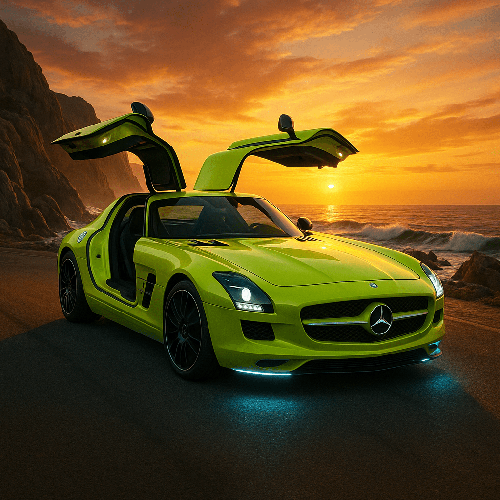 A bright lumilectric yellow-green Mercedes-Benz SLS AMG E-CELL with gullwing doors open, parked on a coastal road at sunset with rugged cliffs and crashing ocean waves in the background.