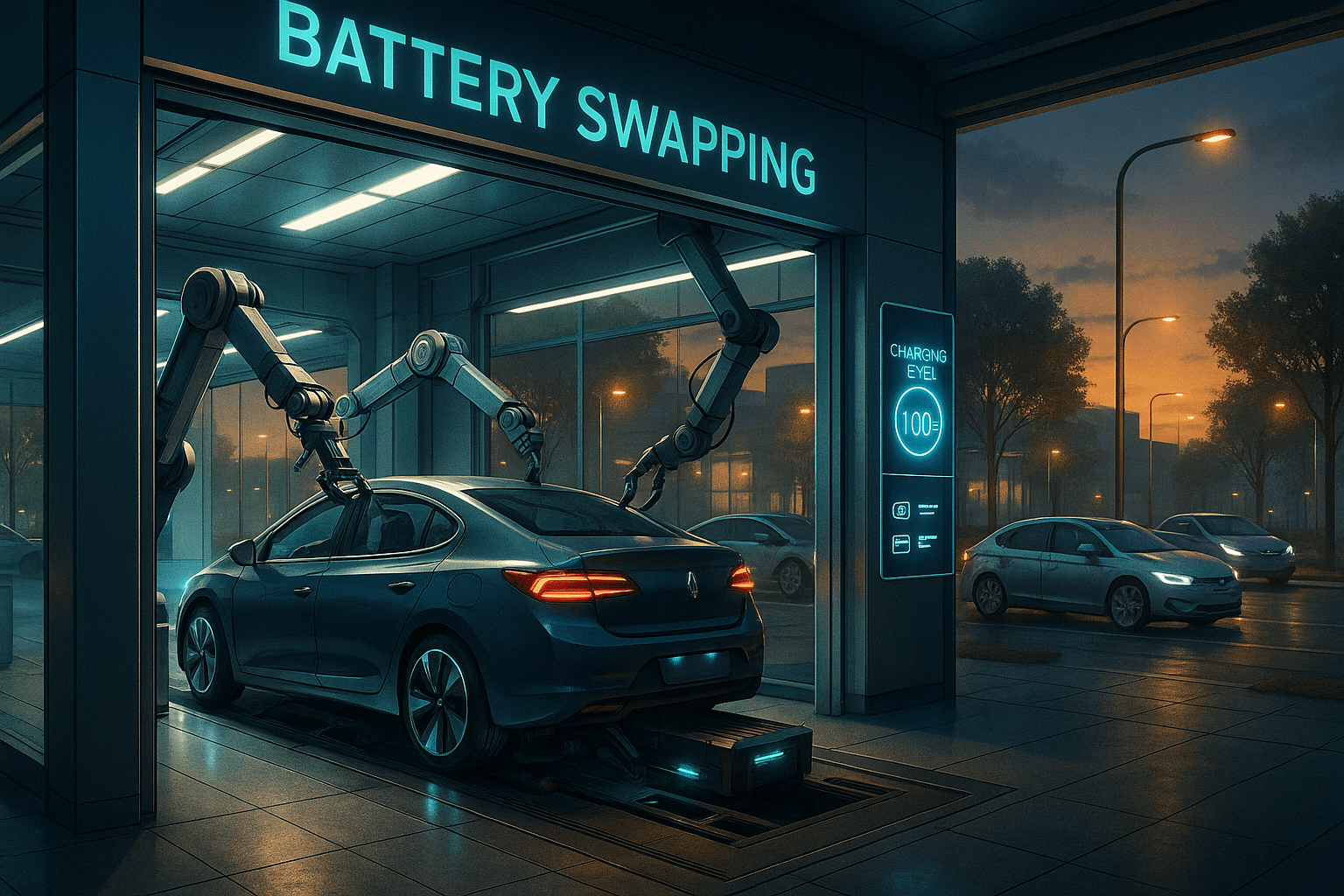 An electric vehicle in a sleek battery swapping station at dusk, with robotic arms replacing its battery while LED screens show charging info. Outside, other EVs wait in a clean, softly lit urban setting.