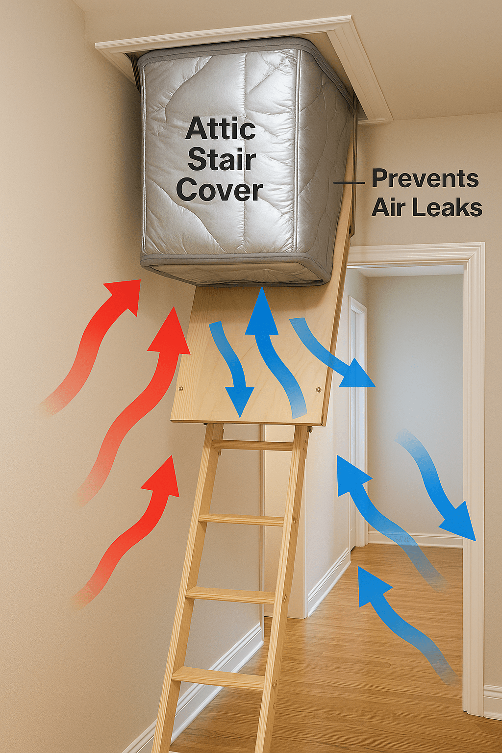 Photo of a home hallway with an attic pull-down stair covered by an insulated attic stair cover, labeled to show prevention of air leaks and heat loss.
