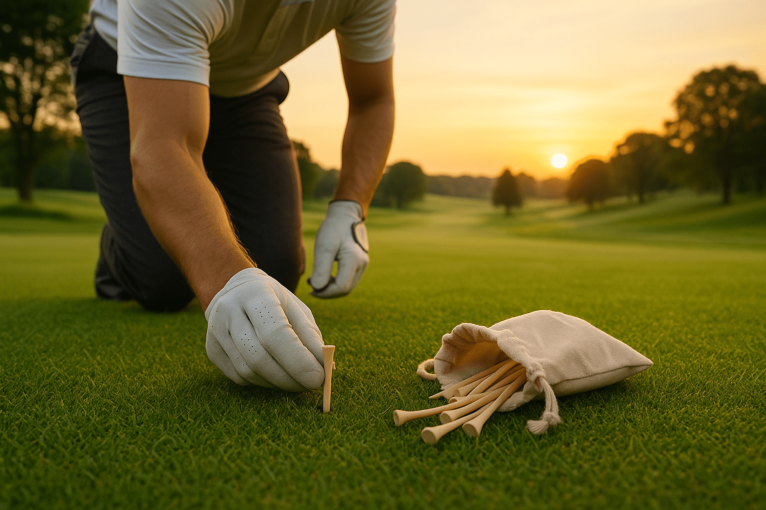 Golfer placing a biodegradable tee on green fairway at sunrise, with a canvas pouch of eco-friendly tees nearby.