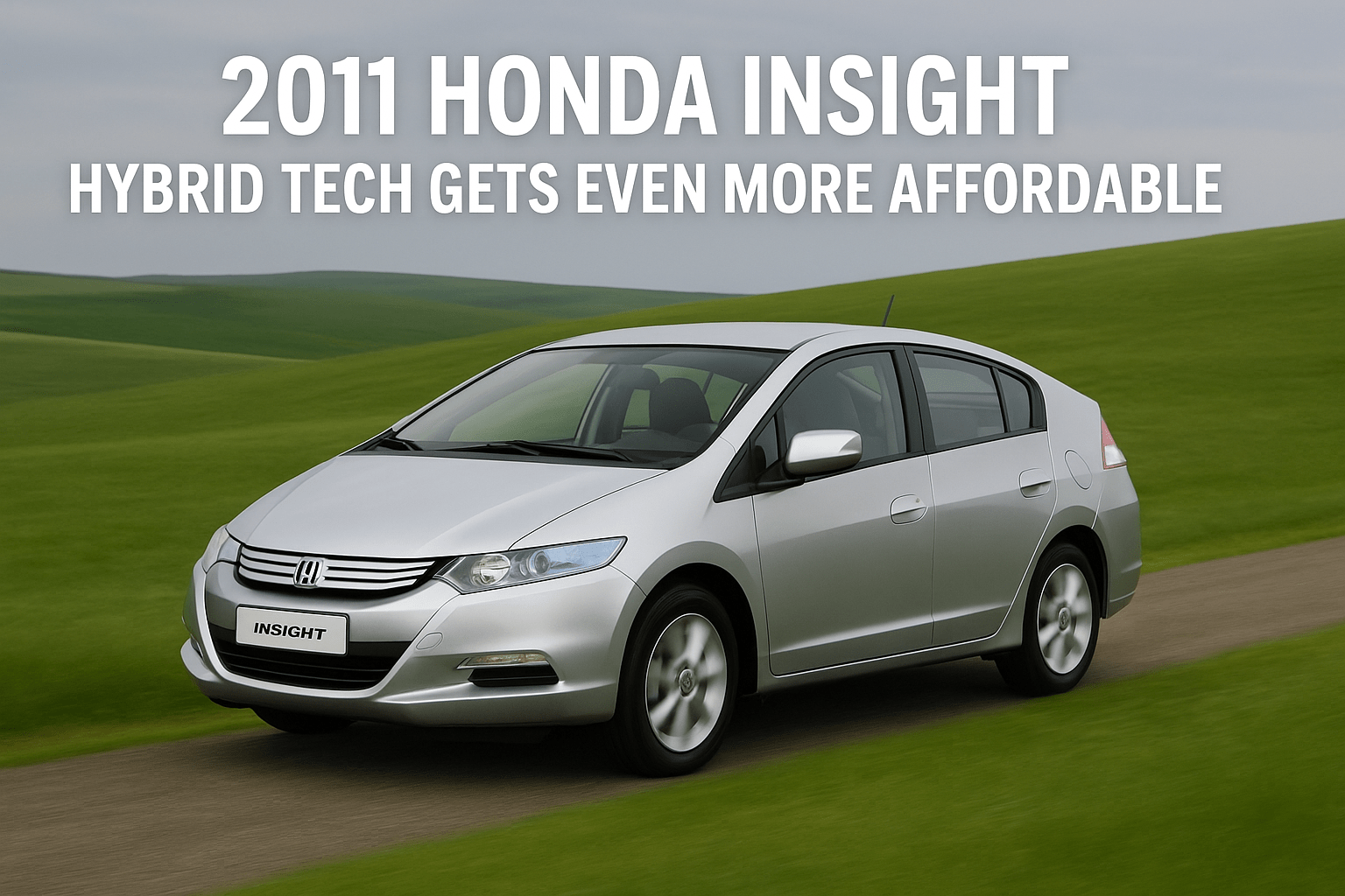 2011 Honda Insight hybrid car driving on a grassy landscape with promotional text above it.