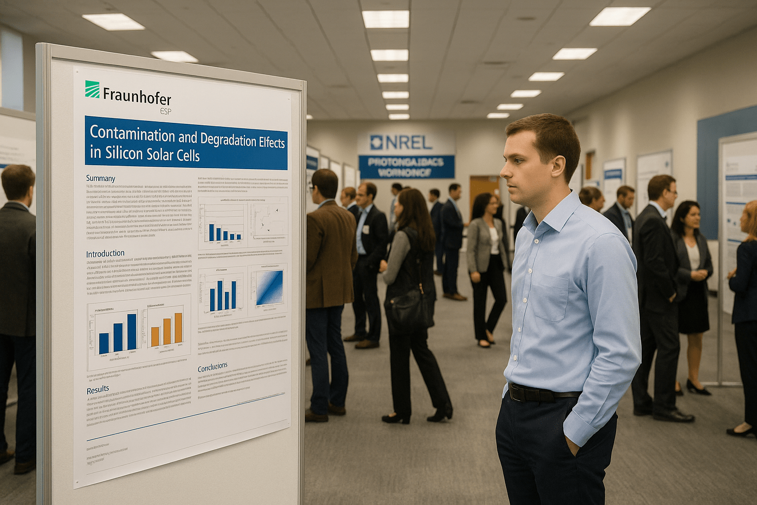 Researcher presenting Fraunhofer CSP poster on silicon solar cell contamination at an international renewable energy conference.