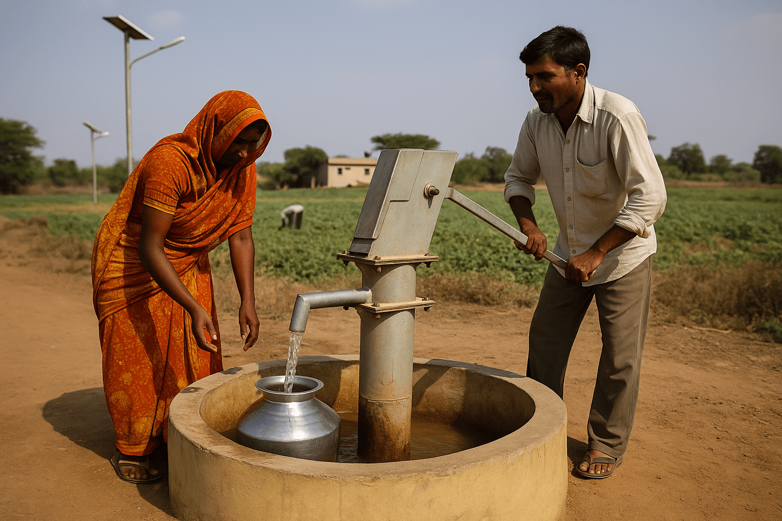 A man pumps water from a hand-pump well while a woman in an orange saree collects it in a metal container in rural India..