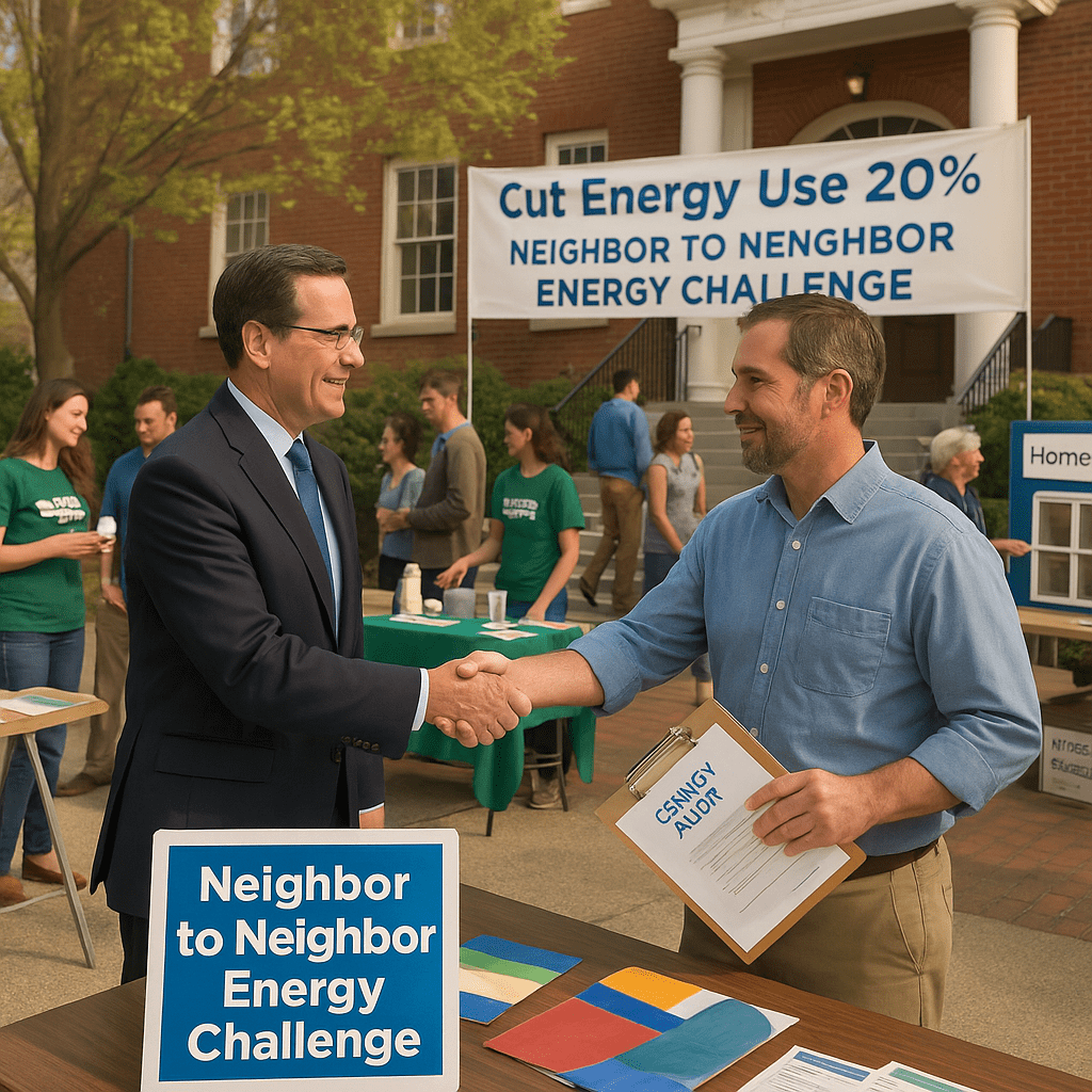 A local official in a suit shakes hands with a homeowner holding an energy audit clipboard at an outdoor community event promoting the Neighbor to Neighbor Energy Challenge, with volunteers, tables of brochures, and a large banner reading “Cut Energy Use 20%.”