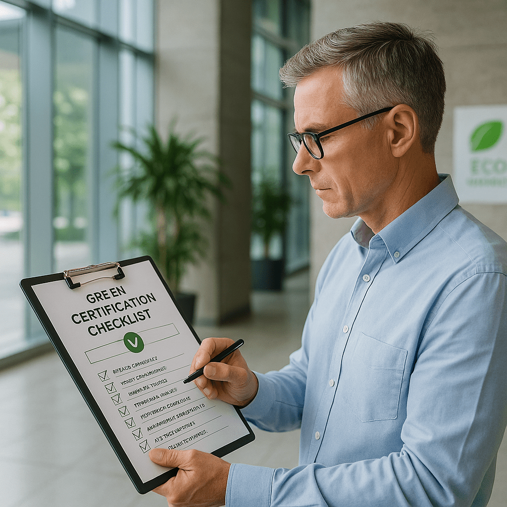 Environmental auditor in business-casual attire reviews a green certification checklist in a modern eco-friendly building.