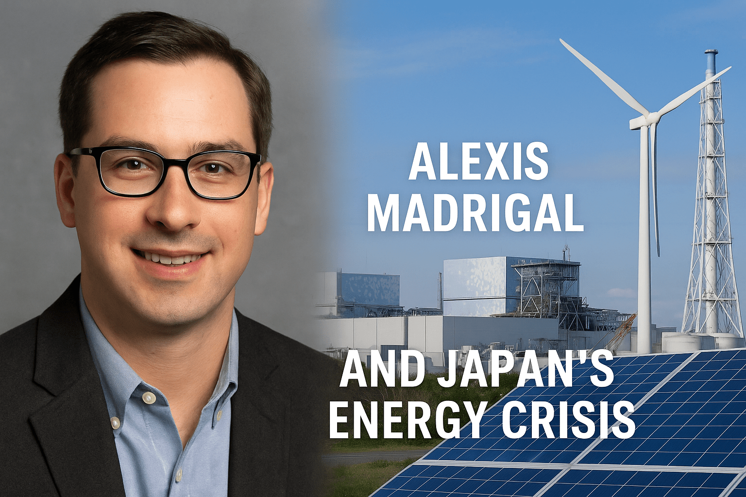 A composite image featuring Alexis Madrigal on the left and the Fukushima nuclear power plant on the right, with solar panels and a wind turbine in the foreground.