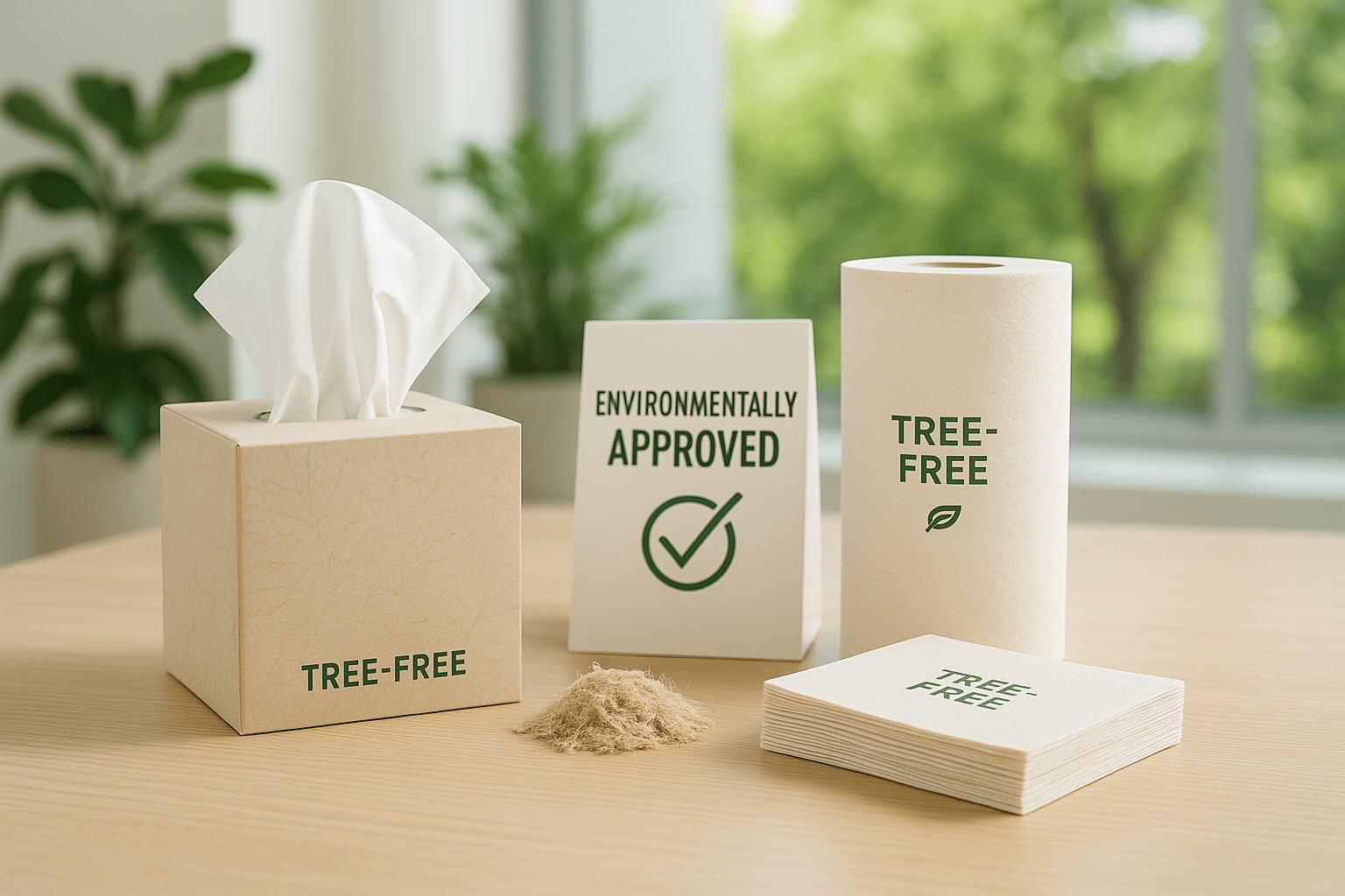 Tree-free paper products on a modern table with an ‘Environmentally Approved’ sign, showing tissue boxes, paper towels, napkins, and natural bagasse fibers with soft indoor greenery in the background.
