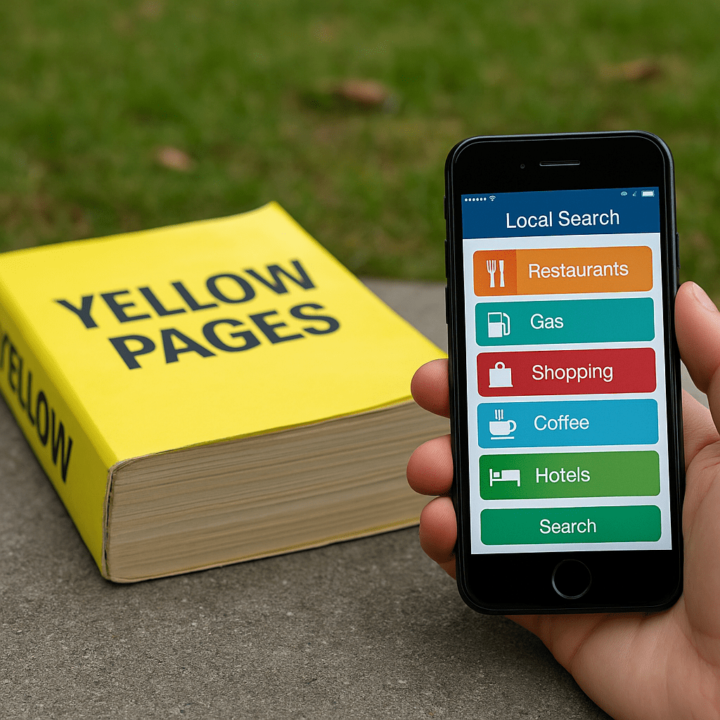 Smartphone showing a local search app next to a thick Yellow Pages phone book, highlighting the shift from paper directories to digital solutions.