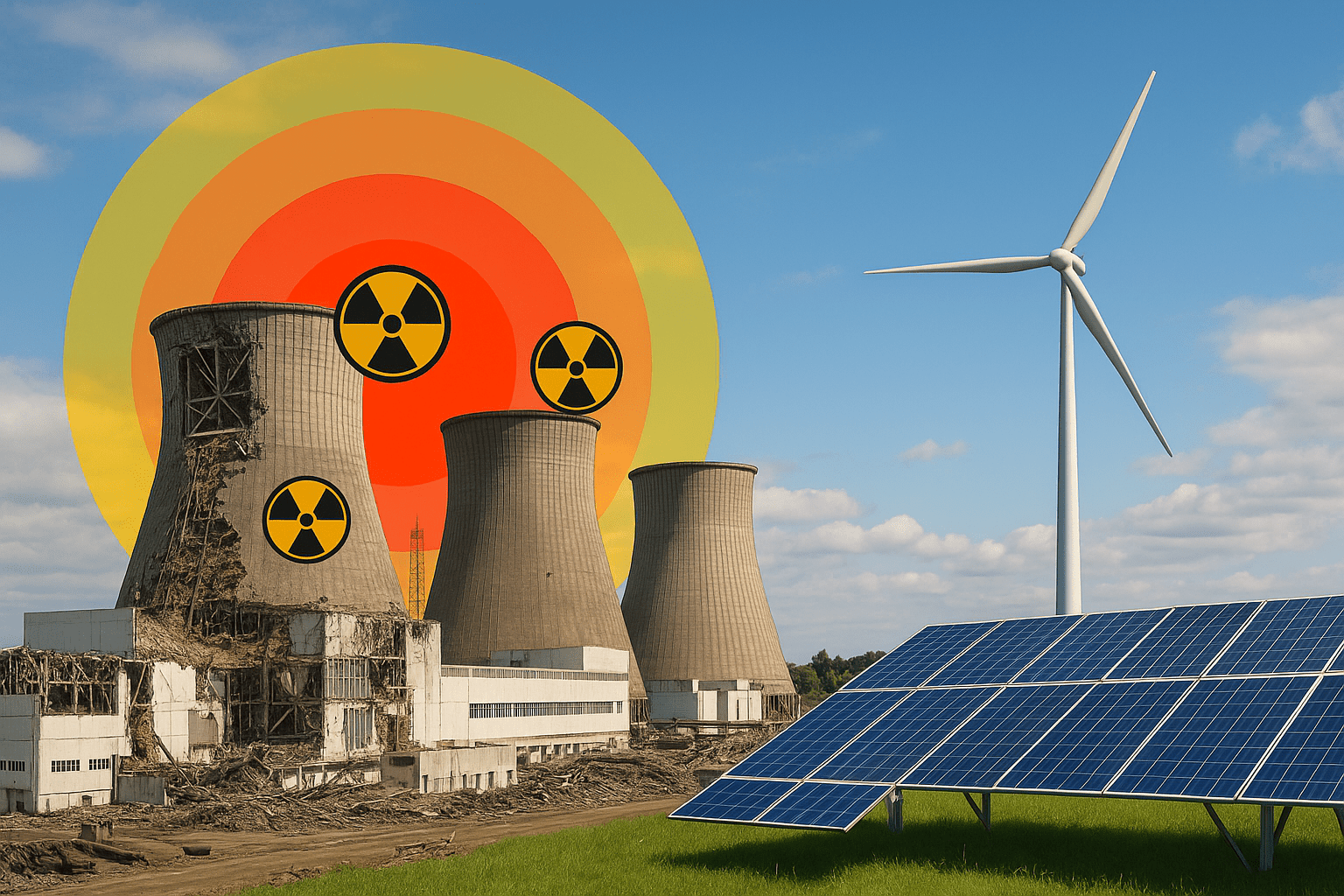 A side-by-side digital illustration showing a damaged nuclear power plant with radiation hazard zones on the left, and solar panels with a wind turbine in a green field on the right under a clear sky.