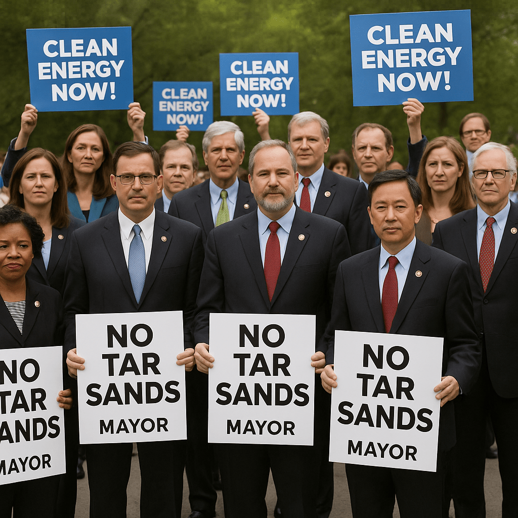 Group of U.S. mayors gathered outdoors, holding “No Tar Sands” signs at a clean energy rally.