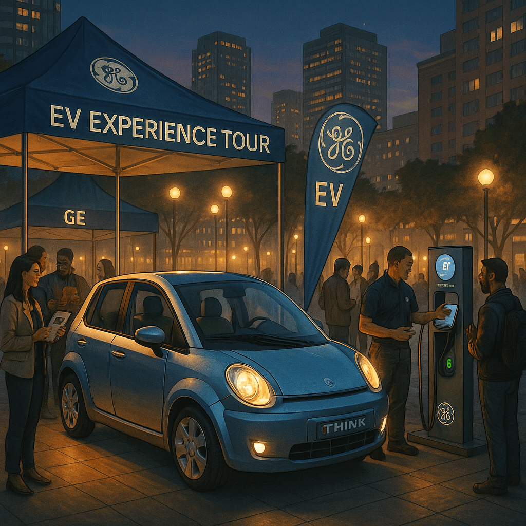 An evening city plaza event with a THINK City EV in the foreground under GE-branded tents reading “EV Experience Tour,” surrounded by diverse attendees learning about electric driving.