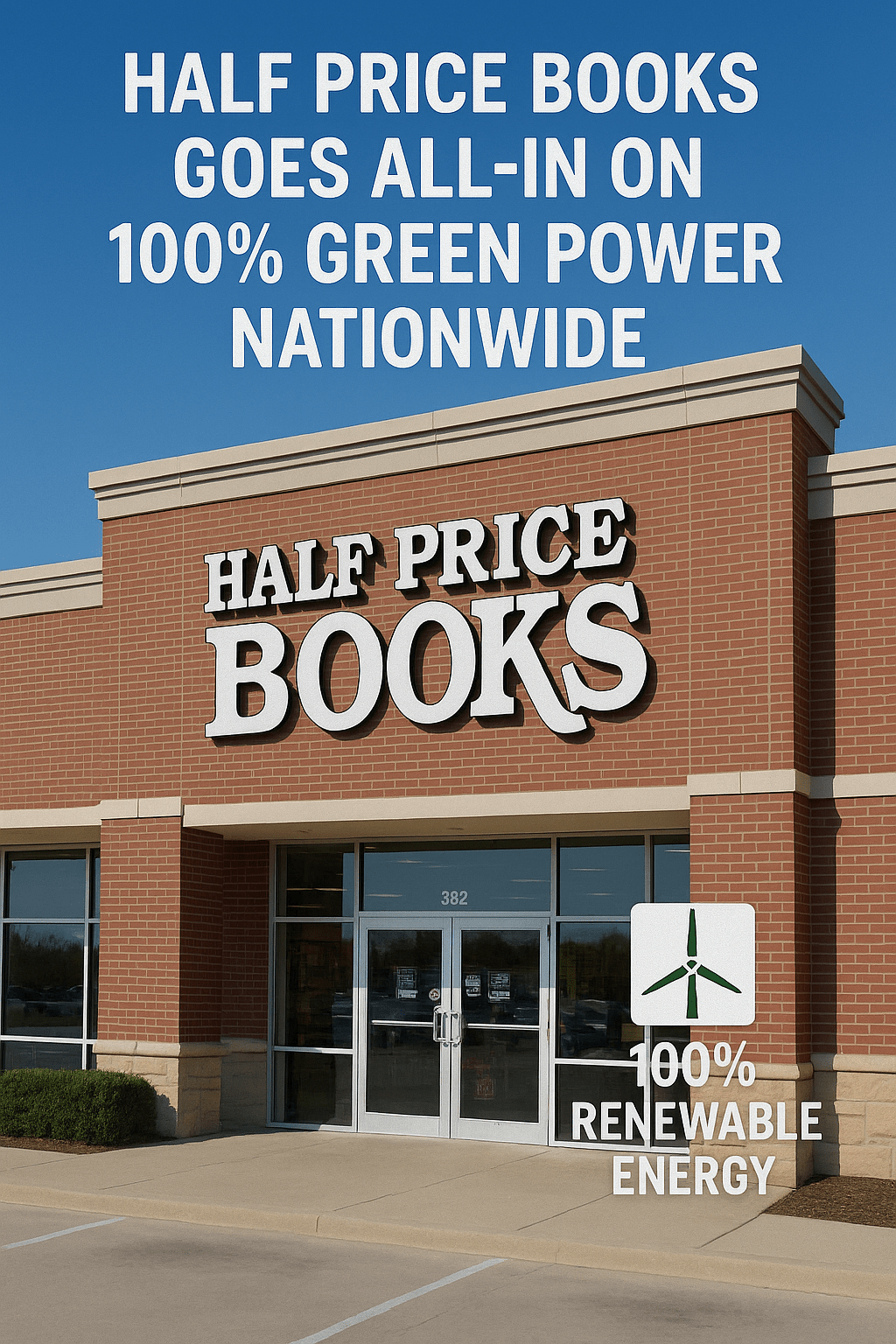 Exterior of a Half Price Books retail store with signage promoting its transition to 100% renewable energy.