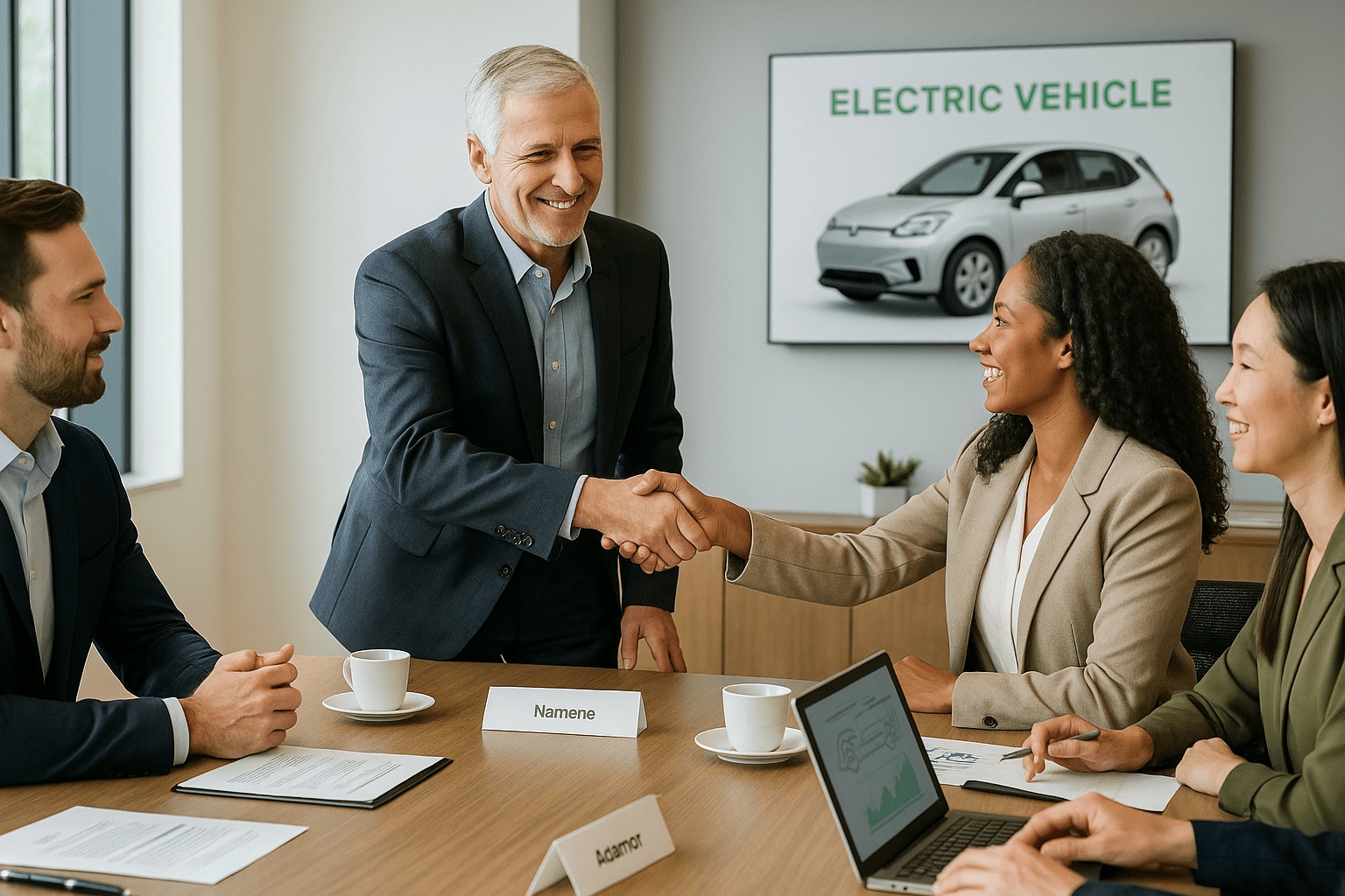 Executive shaking hands with board members in a bright modern conference room, symbolizing leadership and collaboration in electric vehicle company strategy.