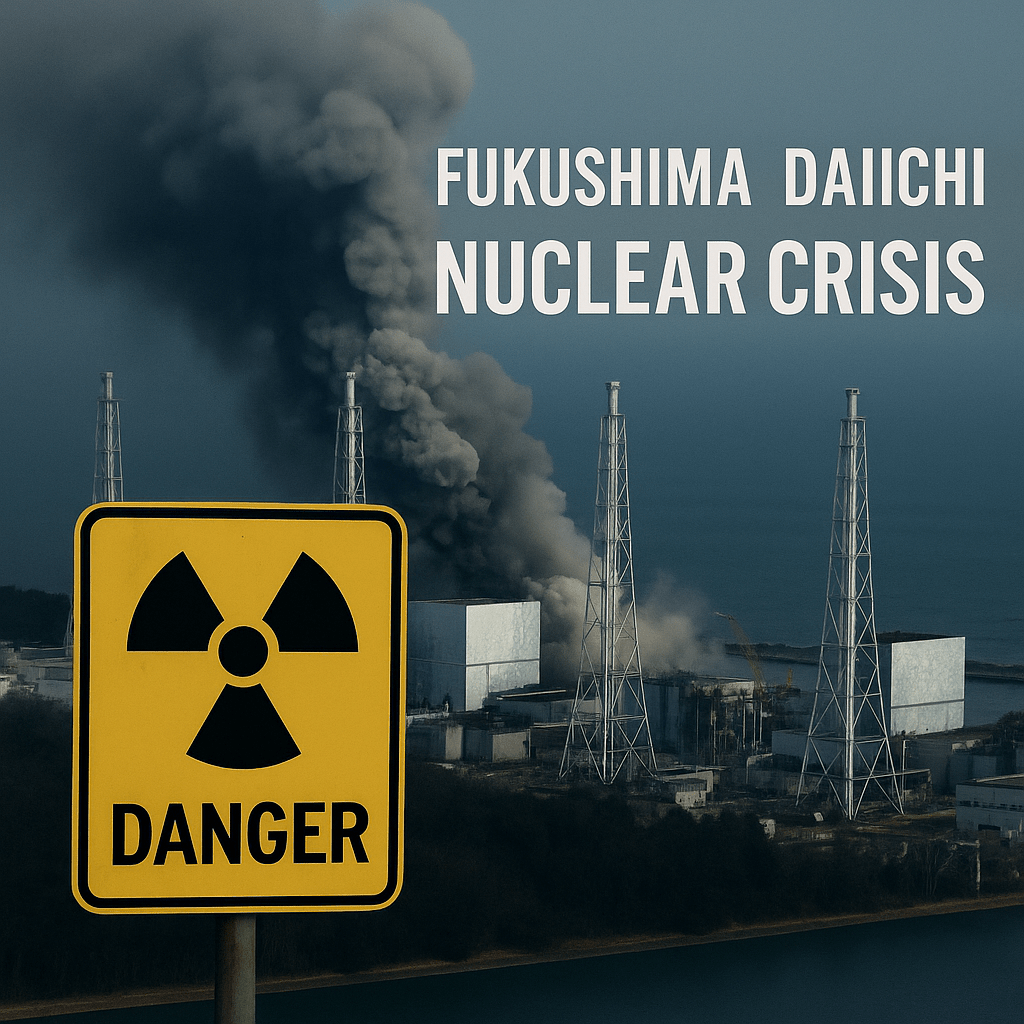 A radiation warning sign stands in front of the Fukushima Daiichi Nuclear Power Plant as thick smoke rises from damaged reactors during the 2011 crisis.