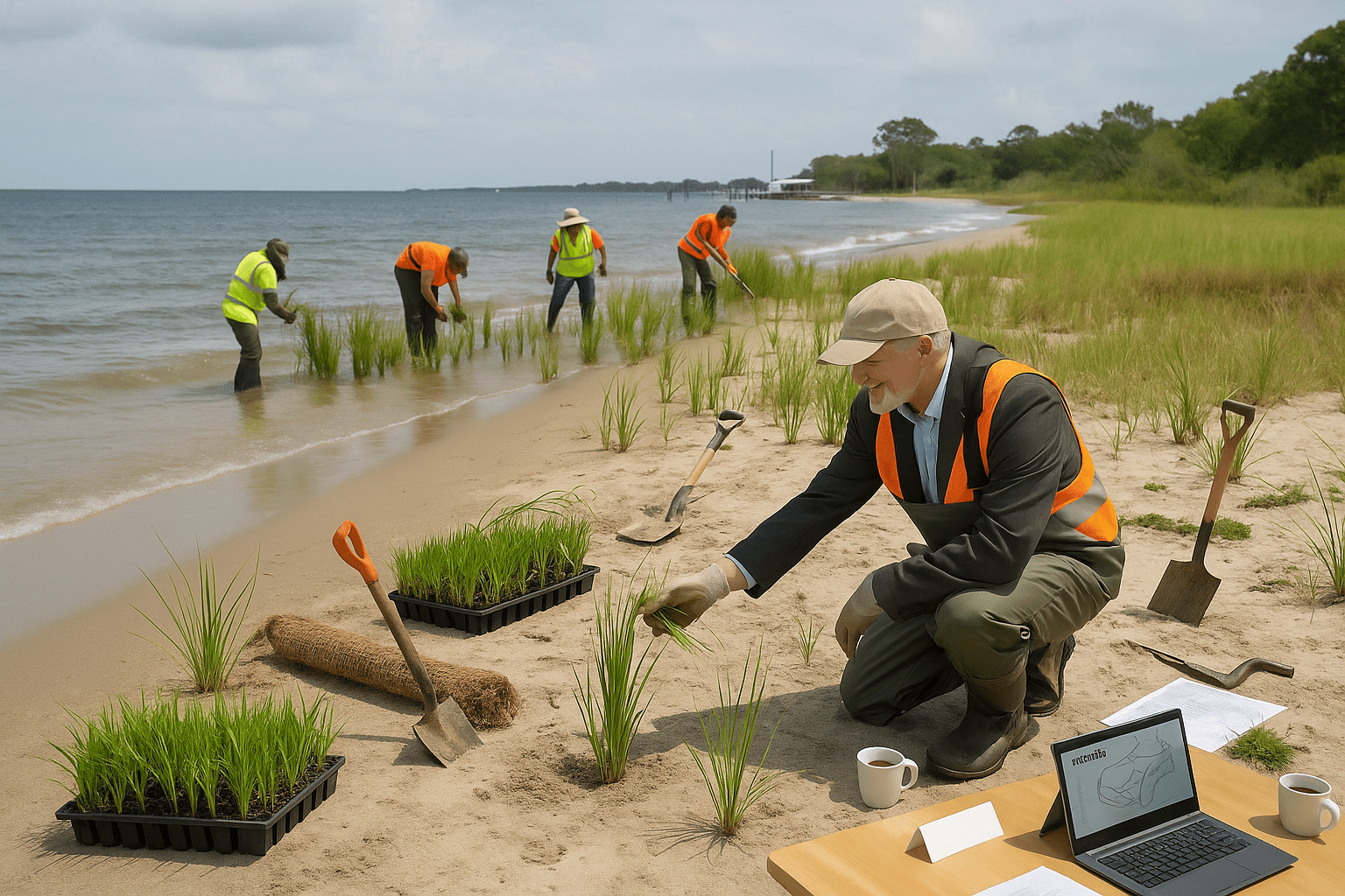 Environmental workers restoring Gulf Coast wetlands after an oil spill, planting marsh grasses under soft daylight to rebuild habitats and protect the shoreline.