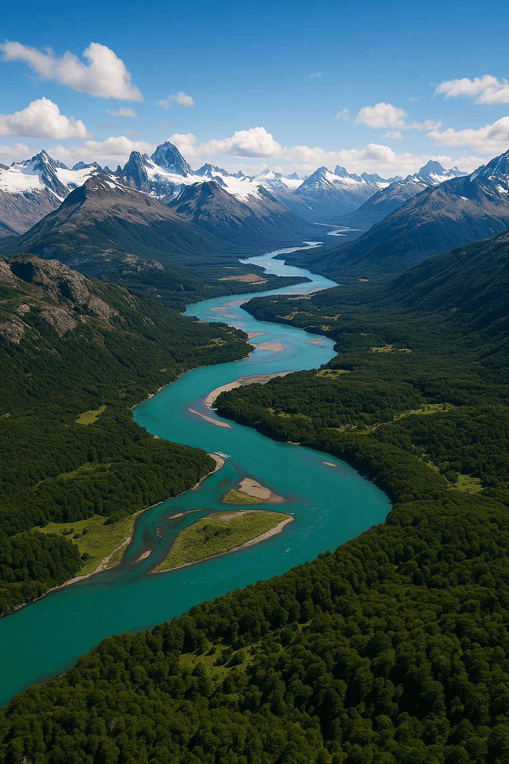 Aerial view of snow-capped Andes mountains, turquoise lakes, and forested valleys in Patagonia