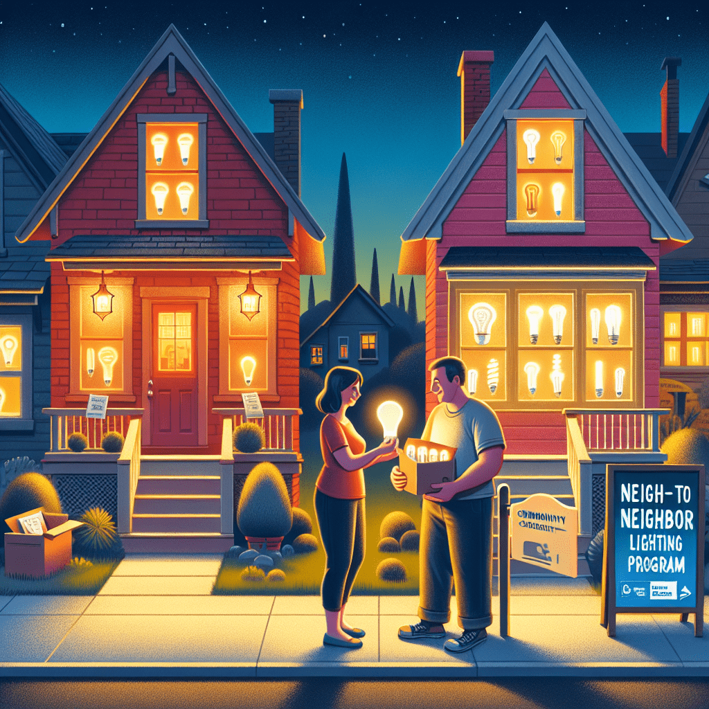 The generated image beautifully captures the essence of the Neighbor to Neighbor Lighting Program. It depicts a heartwarming evening scene where two neighbors are exchanging energy-efficient LED light bulbs in front of their homes. This visual representation effectively communicates the program's core idea of community collaboration for energy conservation. One house in the image showcases warm, efficient lighting streaming through its windows, illustrating the benefits of LED upgrades. The neighboring house appears to be in the process of making the switch, emphasizing the program's ongoing impact. This contrast highlights the transformative effect of energy-efficient lighting on home ambiance and energy consumption. The evening setting underscores the importance of efficient lighting, particularly during peak energy usage hours. A community bulletin board visible in the background, advertising the program, adds to the sense of a neighborhood-wide initiative. Overall, the image exudes a warm, collaborative, and environmentally conscious atmosphere. It effectively conveys the program's goals of fostering community engagement, promoting energy efficiency, and creating a more sustainable neighborhood – one light bulb at a time. This visual representation aligns perfectly with the Neighbor to Neighbor Lighting Program's mission, as mentioned in the linked article. It brings to life the concept of neighbors helping each other adopt energy-efficient practices, making the abstract idea of community-driven sustainability tangible and relatable.