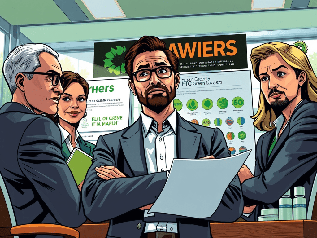 Here’s the metadata for your uploaded illustration of the compliance lawyers: ⸻ 🖼️ Infographic/Illustration Metadata Alt Text: Illustration of a group of eco-marketing compliance lawyers reviewing documents with sustainability charts in the background. Caption: A new legal team forms to help companies navigate environmental marketing rules and avoid greenwashing claims. Description: This stylized illustration shows four professionals—two men in suits, a woman holding a folder, and another man with long hair—gathered in a corporate office setting. They are reviewing documents while standing before a wall display of sustainability icons, compliance charts, and the words “Green Lawyers.” The image symbolizes the creation of a Green Marketing Compliance Group tasked with ensuring that companies meet regulatory standards for eco-claims and avoid misleading consumers. ⸻ Would you like me to now bundle all the alt text, captions, and descriptions for the full set of images/infographics we’ve created so far into one ready-to-paste block for your article?