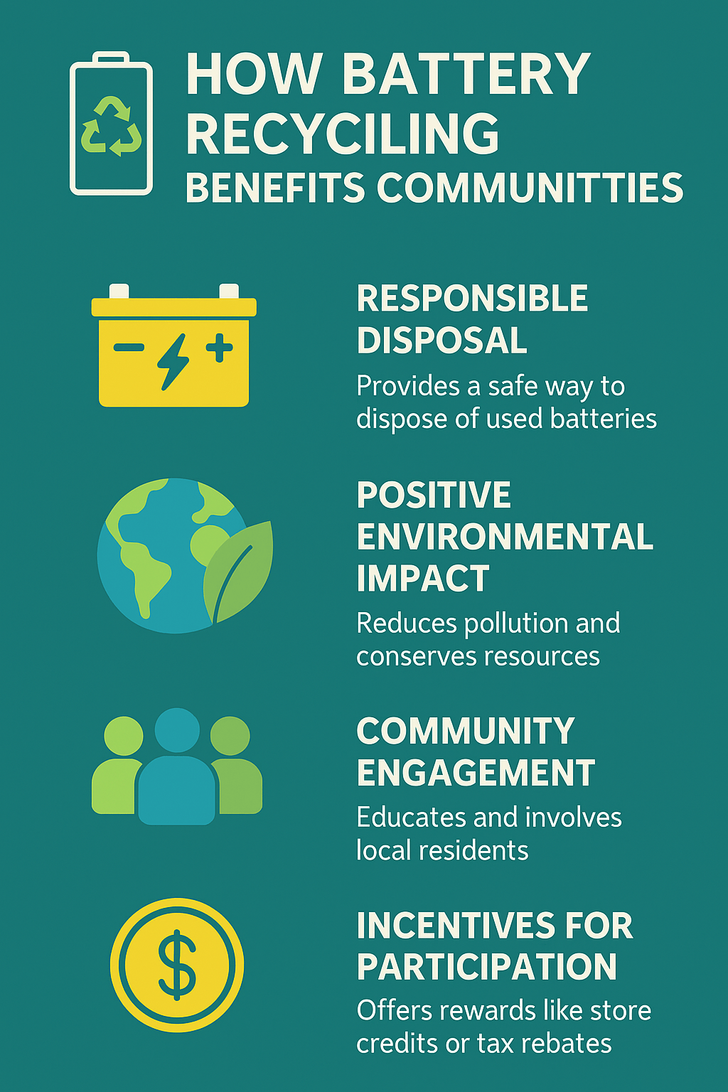 Infographic titled “How Battery Recycling Benefits Communities” with four illustrated sections: a battery icon for “Responsible Disposal” explaining safe disposal of used batteries; a globe with a leaf for “Positive Environmental Impact” noting pollution reduction and resource conservation; three people for “Community Engagement” highlighting education and involvement; and a dollar sign for “Incentives for Participation” showing rewards like store credits or tax rebates.